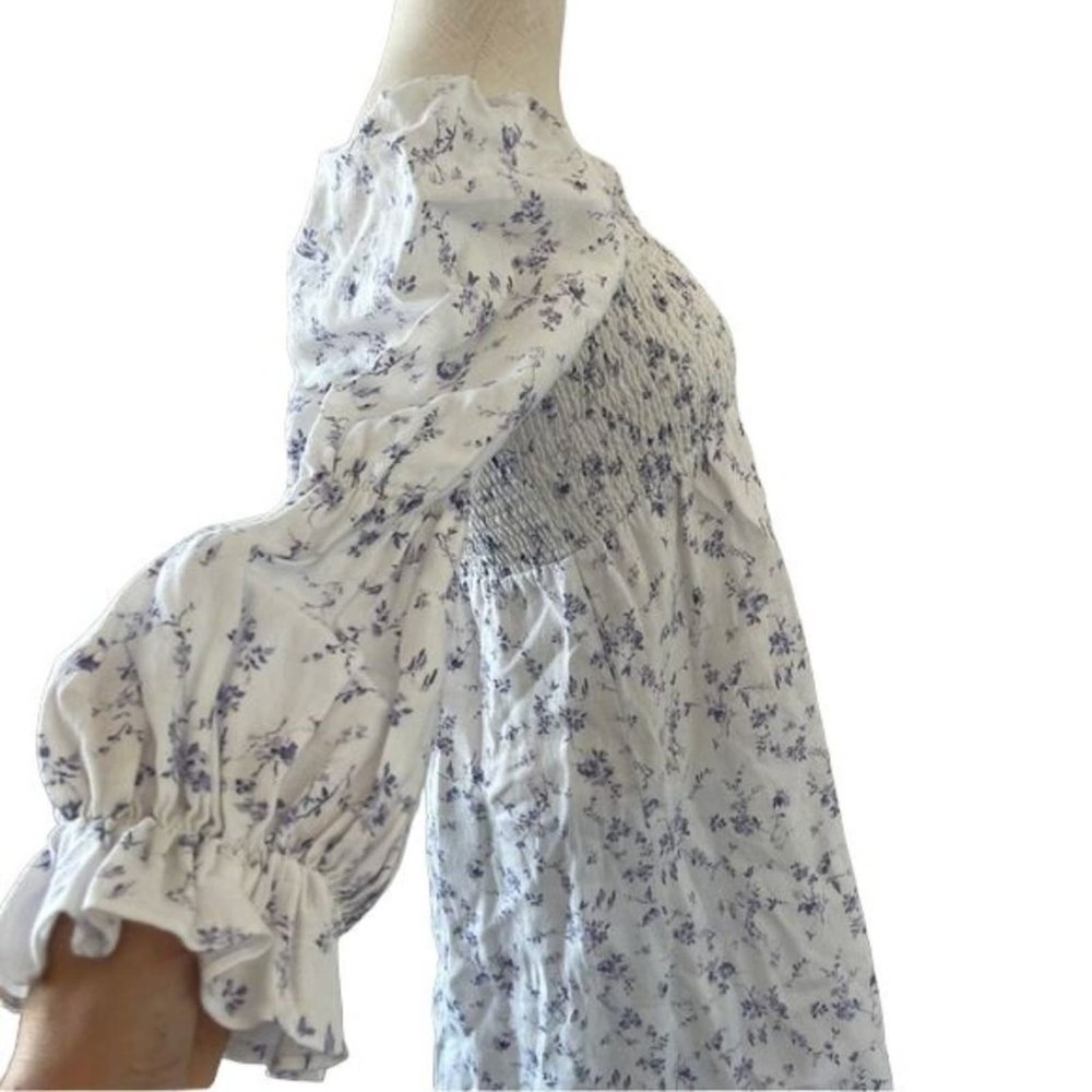 Reformation Midi Dress Smocked Puff Sleeves White Linen Floral Long Slit Medium - Picture 12 of 15
